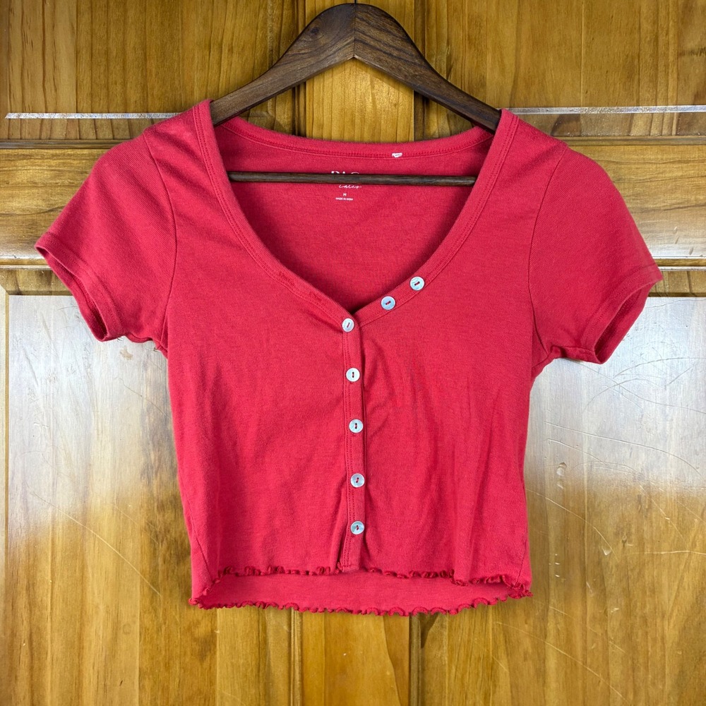 PacSun Med Baby Tee Crop Top Red Button Front Lettuce Edge Y2K Soft Girl Girly
